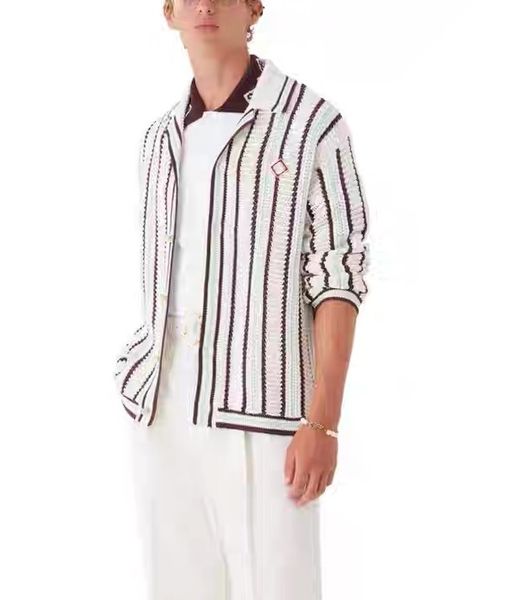 

25ss Casabalnc High-Quality Trendy New Designer Knitted Striped Hollow-Out Embroidered Unisex Retro Long-Sleeve Collared Button Wool Sweater Loose Cardigan Coat tn, Gray