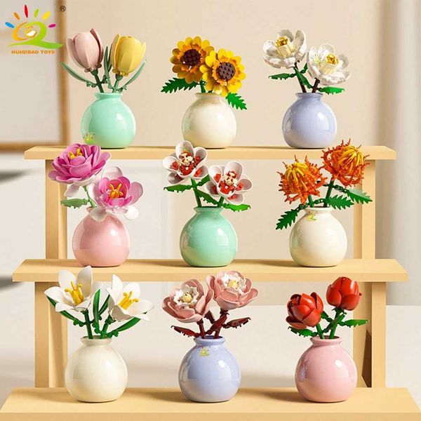 HUIQIBAO MOC Flower with Vase Model Building Block DIY Eternal Bouquet Home Desk Plant Decor Brick Girl Gift Children Toy Z251029