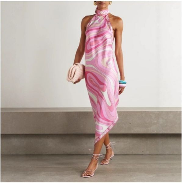 (1187) New Summer European and American Sexy Halter Neck Backless Printed Satin Holiday Beach Dress