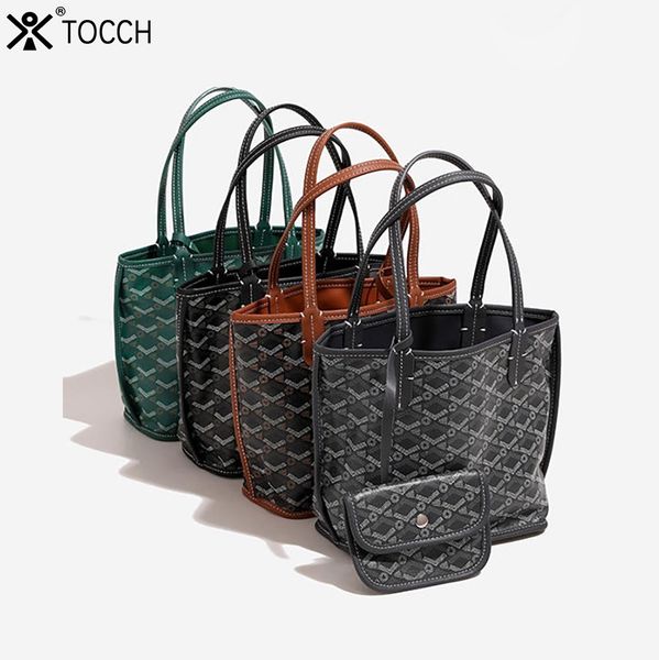 

TOCCH LOGO desginer Pattern green PU Tote Stylish Large Capacity Shoulder Bag for Womens Autumn Winter Fashion bags with small wallet, Light grey