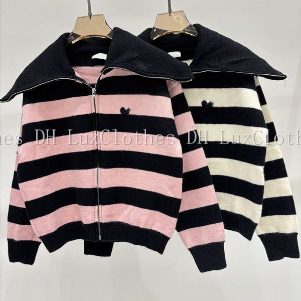 

Women Zipper Cardigans Embroidered Jacquard Striped Color-Blocking Knitted Cardigan, #2
