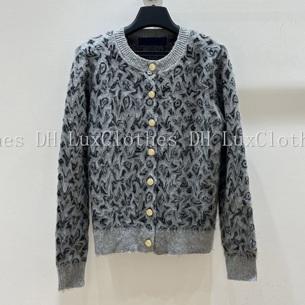 

Women Knitted Button Cardigan Wool Fabric Full Jacquard Printing Letters Knitswear, #3