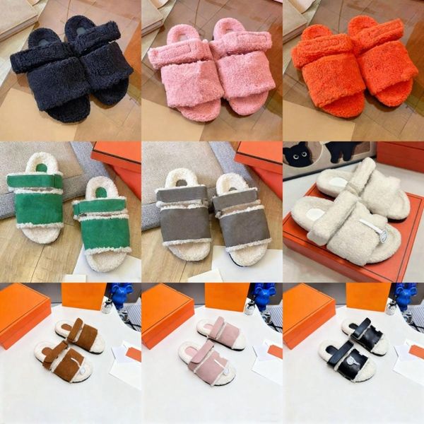 

Women Wool Slippers Designer H slide Flat Sheepskin Slides Warm Fluffy Furry Sandal H shoes Comfortable Autumn Winter Home Sandals Furs Slipper, Color#1