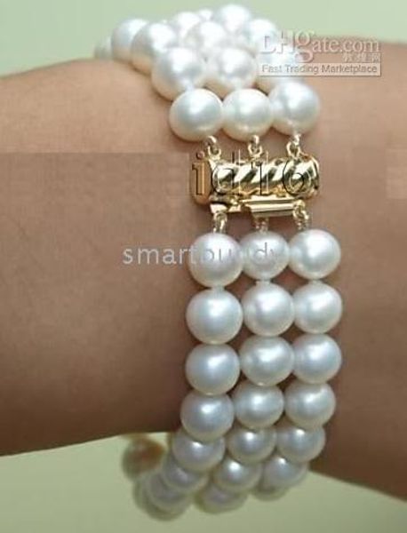 

beautiful 3row 7-8mm south sea white pearl bracelet 7.5inches, Black