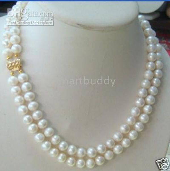 

7-8mm double strand akoya white pearl necklace 17"18", Silver
