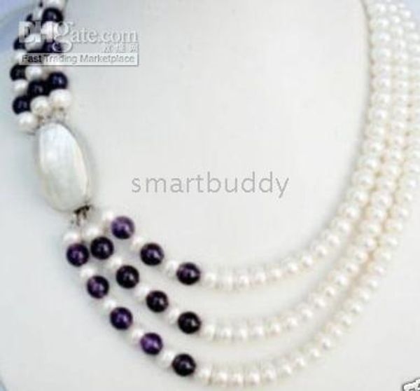 

real fine genuine 3 row akoya black white pearl unite necklace length 18, Silver
