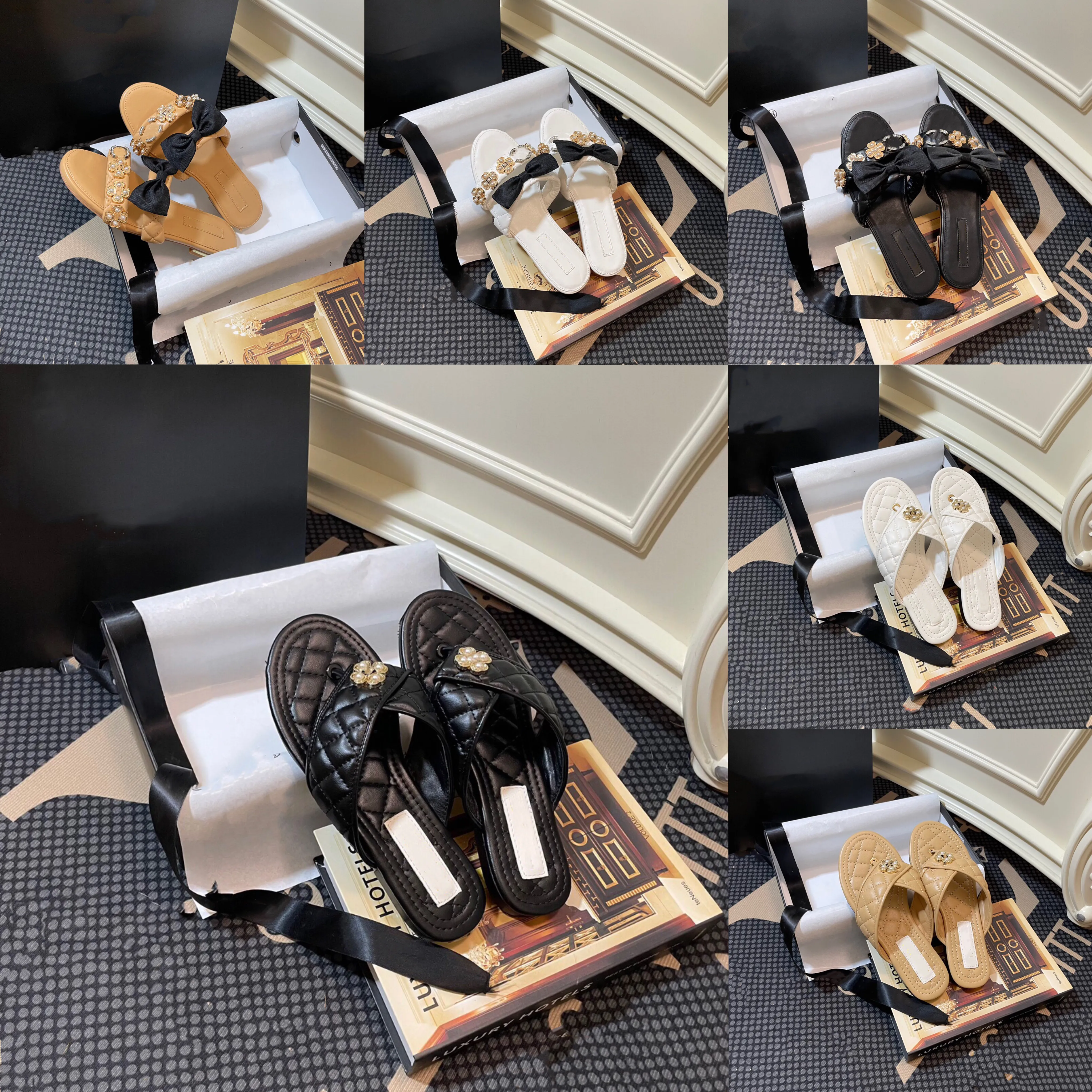 

new designer slippers women pearl gem series brand sandals flip-flops flat shoes leather summer sneakers beach shoes party dust bag 35-40, Black