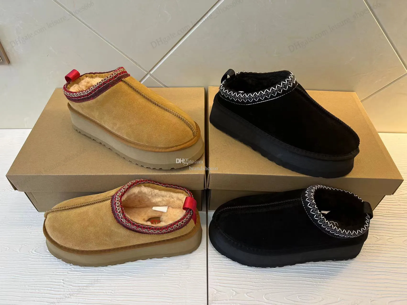 

tasman slippers chestnut fur slides sheepskin shearling tazz new mules women men ultra mini platform boot slip-on shoes suede upper fall win, Black