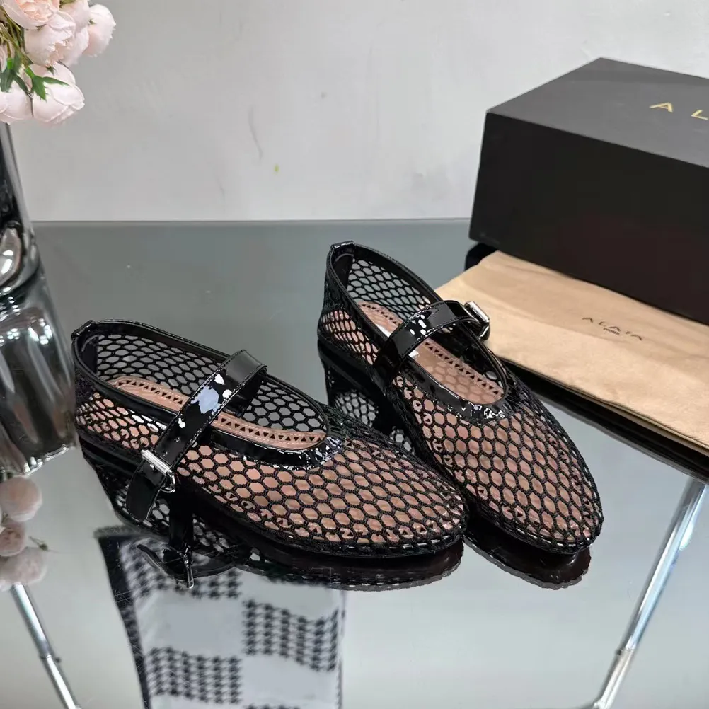 

elegant women alaia dress shoes designer shoes round toe rhinestone flat shoes luxury leather rivet buckles mary jane shoes comfortable ball, Black