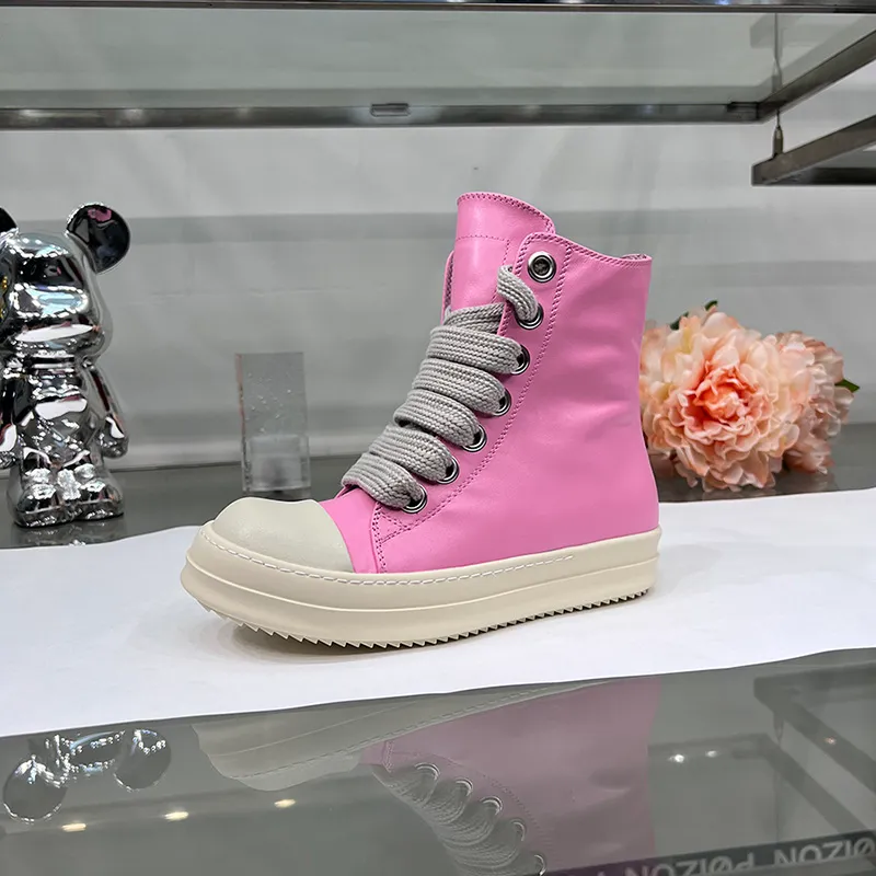 

round owens high casual shoes women bright pink jumbo lace up leather thick sole rick designer sneakers luxury men flats motorcycle ankle bo, Black