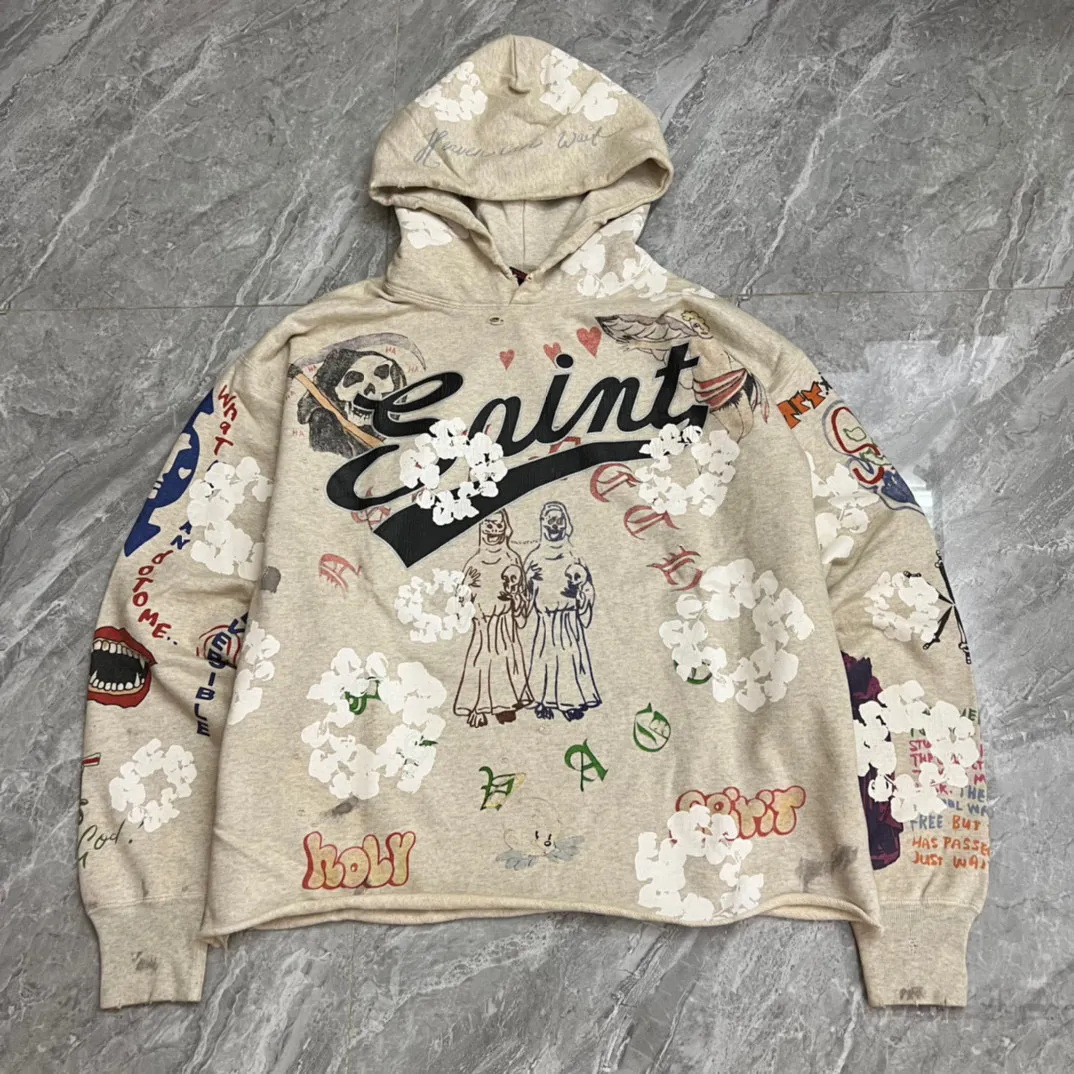 

sweatshirts falection mens 22ss saint michael denim tears flower printed distressed holes sweatshirt men pullover, Black
