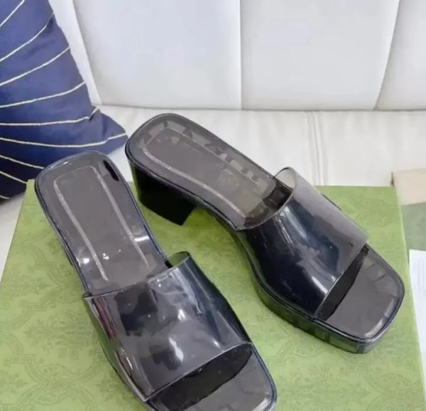 

designer transparency slippers women leisure letter printing jelly chunky heels sandal fashion rubber luxury brand beach highheeled shoes wi, Black