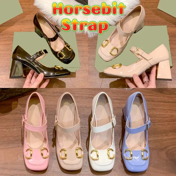 

women dress shoes designer maryjane shoe horsebit strap 75mm pump light pink apricot leather patent high heels with pinbuckle luxury lady bl, Black