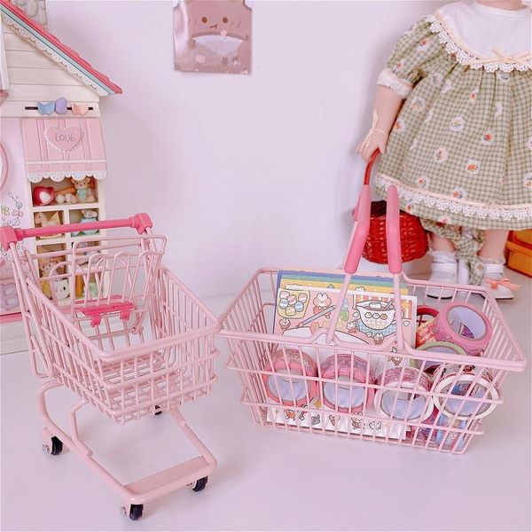 Trolley Mini Shopping Cart Supermarket 2 Pcs Storage Basket Kids Toy Supermarket Handcart Toys Model Trolley Storage Basket Rack Storage Stainless Metal Racking For Desktop Decoration Dressing Up Costumes Pretend Play