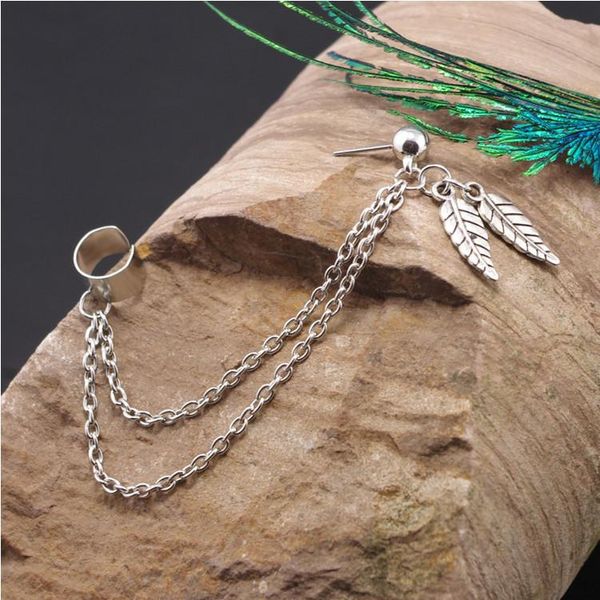 Women Fashion Punk Rock Leaf Chain Tassel Dangle Ear Cuff Wrap Earrings Ear Clip Sterling Silver Chain Tassel Drop Post Earrings for Woman Young Gift