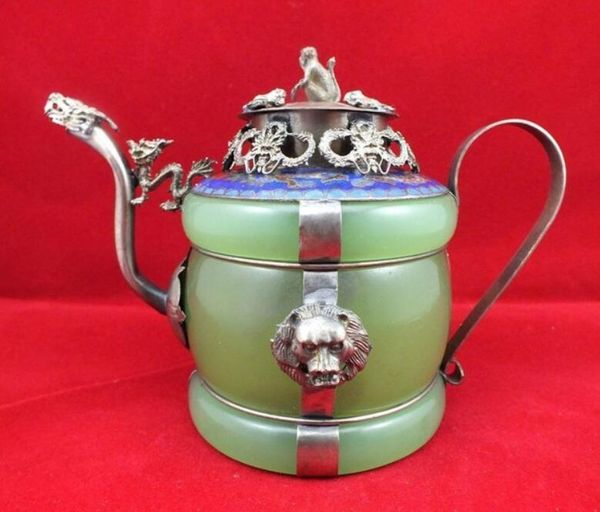 CHINESE OLD Handwork JADE TIBET-SILVER Copper TEA POT MONKEY lid V