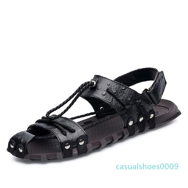 SLHFPX Texas Longhorn Steer Mens Leather Slide Sandals Summer House Slippers Wide Boys