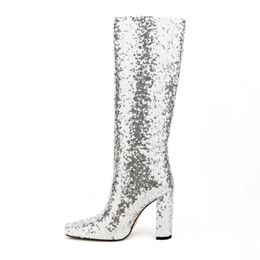 603 45 Sequins Size Big Winter Brand Fashion Bling Bling Knee Boots Boots Nightclub Party Chaussures talons Femme Piste élégante 231219 36747