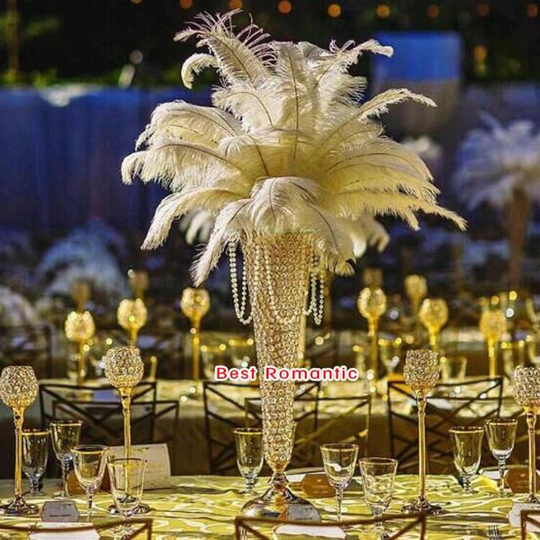 60CM 24 pouces style européen métal cristal fleur vase autruche plume plume titulaire or argent centre de mariage pièces table de fête décor