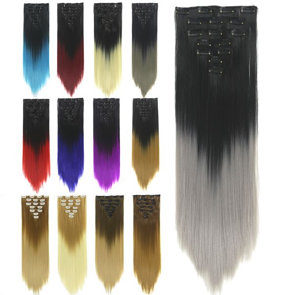 60 cm 24 pouces Clip/Ruban dans les Extensions de Cheveux Synthétiques Trame Mélanger Couleurs Simulation Bundles de Cheveux Humains FL024