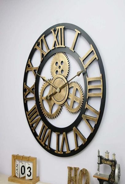 60 cm 3D rétro industriel grand équipement horloge murale rustique en bois de luxe Art Vintage maison bureau décoration fournitures Clocks4879617