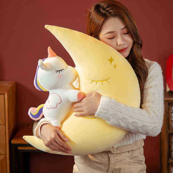 60 cm Kawaii Peluche Cielo Luna con Unicornio Almohada Juguetes Luna En forma de almohada Habitación Silla Sofá Decoración Asiento Cojín Amantes Regalo divertido J220729