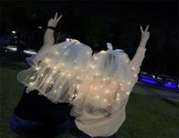 60CM LED voile de mariage lumineux perles voiles de mariée blancs pour enfants princesse fête coiffure mantille fil fée ruban arc cheveux bow8628506