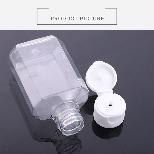 Bouteille vide en plastique PET de 60ml, avec capuchon rabattable, transparente, de forme carrée, pour liquide de maquillage, gel désinfectant pour les mains jetable