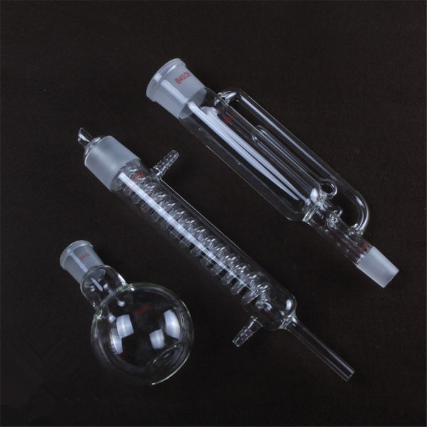 Suministros de laboratorio 60 ml, cuerpo extractor Soxhlet de vidrio Condensador Graham Condensador en forma de serpiente, 1 matraces de fondo plano para extracción de lípidos