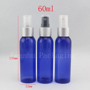 Botella de plástico recargable azul de 60 ml X 50, botella rociadora de niebla de 2 oz, rociador de perfume de 60 cc, bomba rociadora con recipiente de plástico con tapa