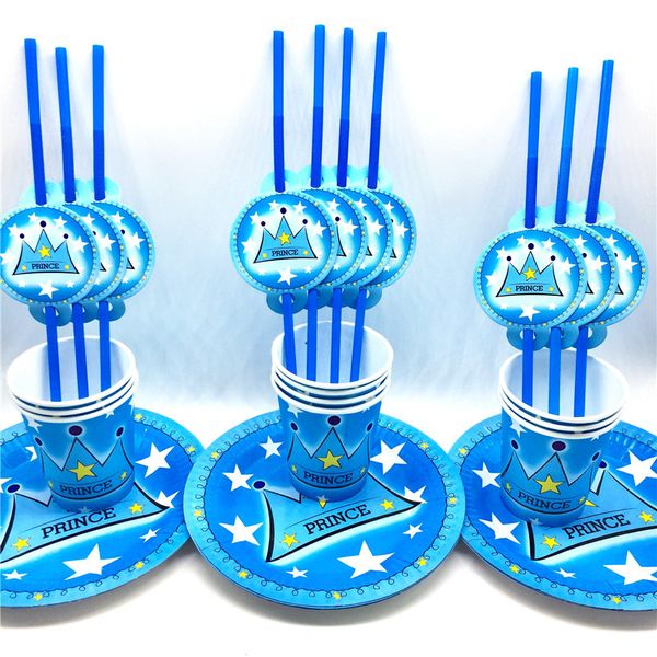 60pcs sur lot enfants Favors prince Crown Blue Thème Straws papier Plaques Bonne fête d'anniversaire Coupes bébé Party Supplies Décoration