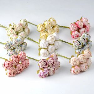 60 unids Mini té de seda Rose Bud Artificial Rose Flower Bouquet Scrapbooking Wedding Party Decoración DIY Hecho a mano Flor falsa Craft 240322