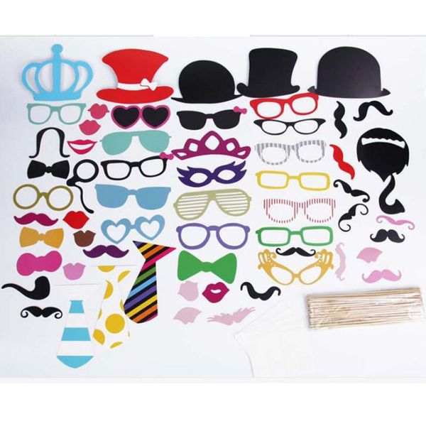 60pcs Photo Booth Props Fun Fun Mask Diy Gafas Labio de bigote en un palo lindos accesorios de fotomatio suministros de boda de cumpleaños de cumpleaños