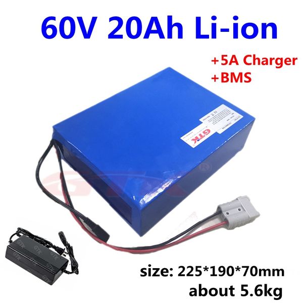 Batterie lithium-ion 60v, 20ah, avec BMS, pour scooter électrique, moto, vélo électrique, fauteuil roulant, chargeur 5a