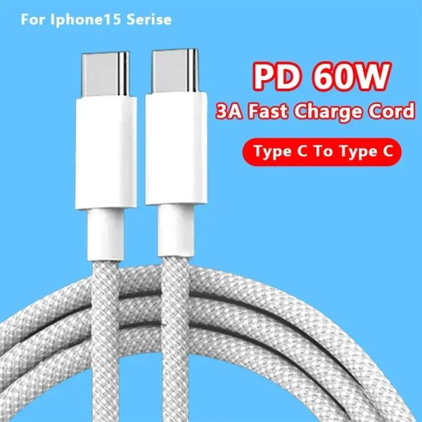Cable USB tipo C a C de datos PD de 60W y 3A para iPhone 15, Xiaomi Poco, Cable USBC de carga rápida, Cable de carga de datos tipo C de 20V