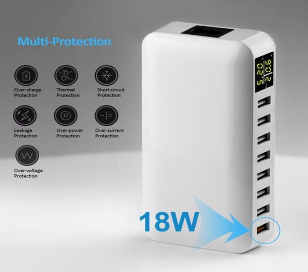 60W 8port Multiport Wall Charger con Puerto QC 18W Smart LCD Display Desktop Estación de carga para tabletas de teléfono Express7629276