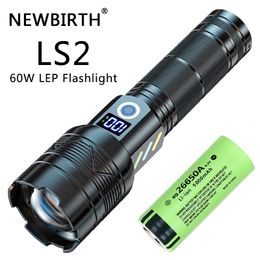 60W Strong Light Long Range Lep Lampe de poche USB rechargeable 26650 5000mAh Batterie extérieure zoom tactique Super Bright Torch240325