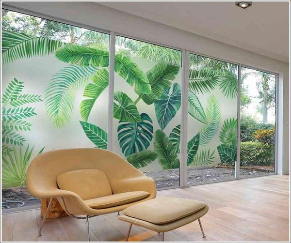60x100cm Personnaliser les feuilles vertes films de fenêtre statique autocollants en verre balcon de salle de bain décoratif givré autocollants de fenêtre T1952452