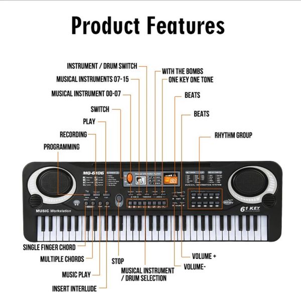 61 teclas Música digital negra Teclado electrónico Teck Board Electric Piano Kids Regalo con instrumentos musicales de teclado micrófono