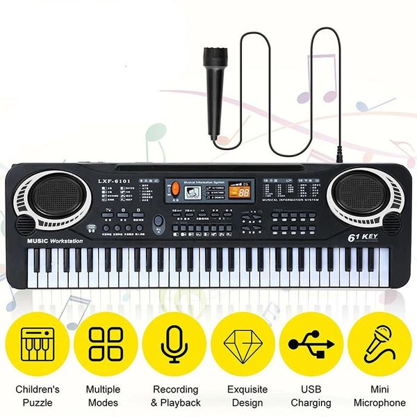 61 teclas Teclado electrónico para niños Piano con micrófono Instrumento musical USB Órgano eléctrico digital Regalos Juguetes para niños 240112