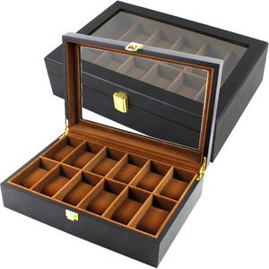 61012 Slots Watch box case met echt glazen deksel houten horlogedisplay met fluweel kussen horloge opbergdoos voor mannen en vrouwen 240416