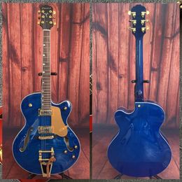 6120 Model Blue Flame Maple Top Hollow Body Electric Guitar Gold Tremolo Bridge