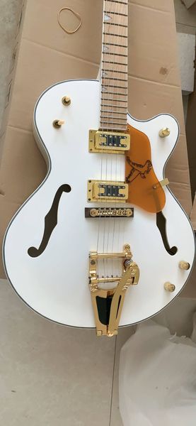 Guitarra eléctrica de cuerpo hueco blanco modelo 6120, diapasón de arce, puente trémolo dorado en cigüeña