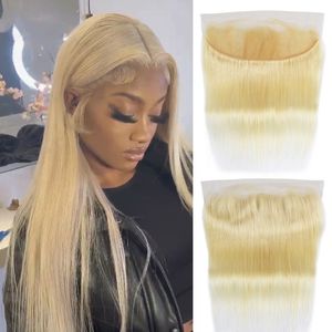 613 Blonde 13x6 HD rechte kant frontale Indiase menselijke maagd haar kleine knopen baby haar 12a