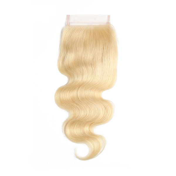 613 Blonde cheveux brésiliens dentelle fermeture vierge cheveux humains vague de corps 4X4 fermeture extensions de cheveux humains