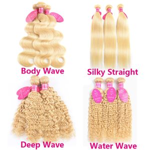 #613 BUNDOS Rubios Brasileño Virgen Siloso Cuerpo recto Deep Insúrgano Cabello humano Olada de agua Extensiones rubias de platino 3 PCS Ofertas