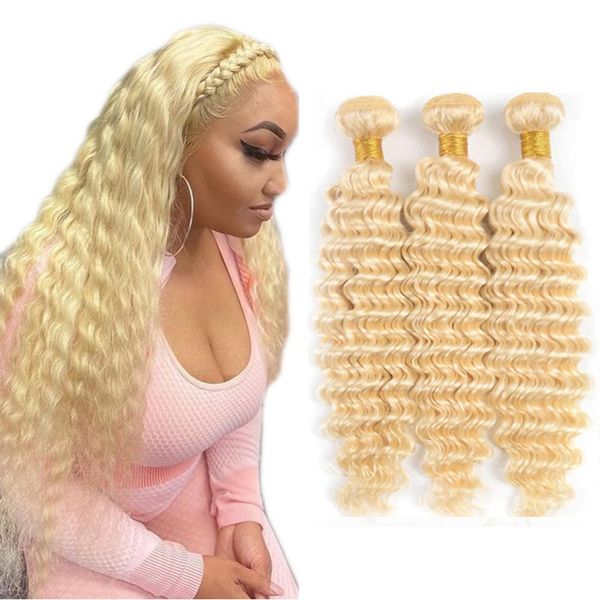 Mèches brésiliennes naturelles Deep Wave blondes 613, Extensions de cheveux blond platine, Double trame, 3 pièces/lot