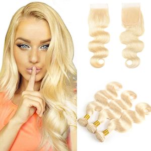 613 Extensions blondes brésilienne vague de corps cheveux humains fermeture de dentelle avec des paquets 613 armure de cheveux humains blonds avec fermeture de dentelle 4x4