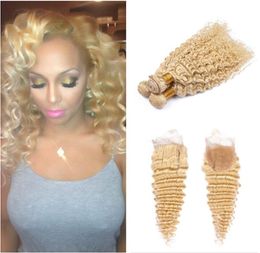 613 Boulles de cheveux humains blonds avec fermeture en dentelle Bleach Bleach Blonde brésilien Bundles Bundles avec la fermeture en dentelle 4x46017916