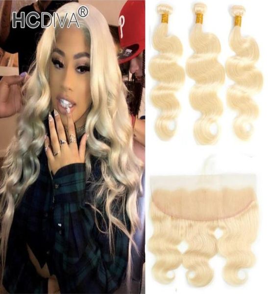 Paquetes de cabello humano rubio 613 con encaje frontal de oreja a oreja cabello virgen peruano 3 piezas con cierre frontal onda del cuerpo recto profundo 2328124